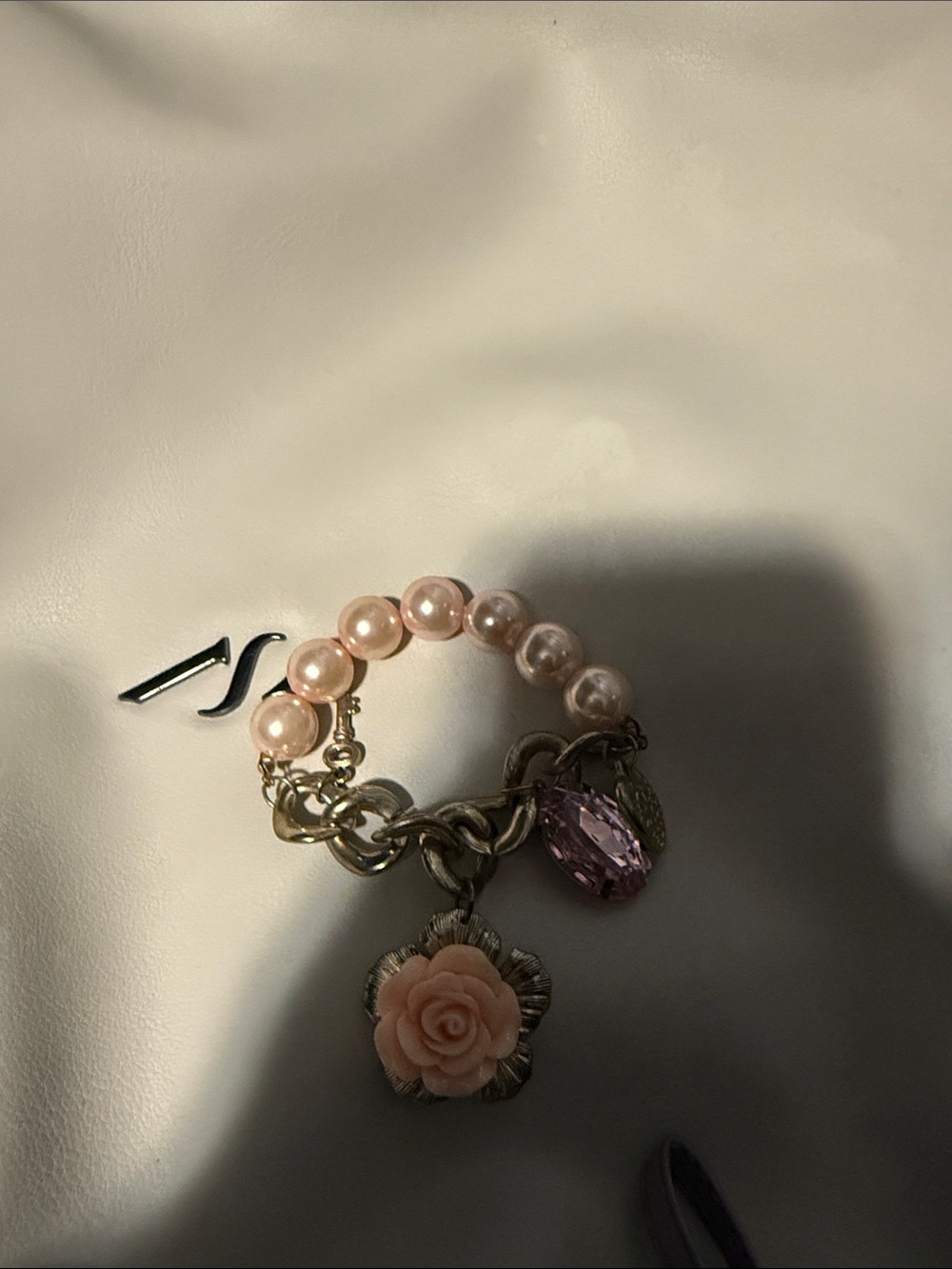 Gold-Tone Pink Pearl Charm Bracelet with Rose and Crystal Accents